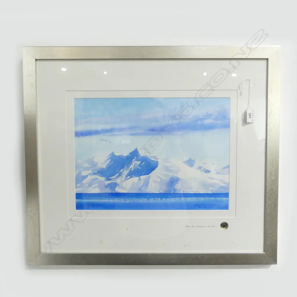 Arthur Memolink watercolour Antarctica with insert real pebble 'Ross Sea Glacial Erratic' 270 x 370. Framed Image 1++