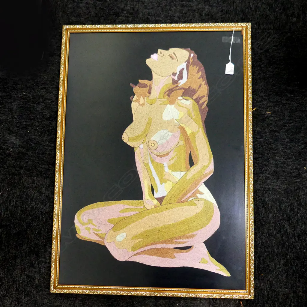 ARTIST UNKNOWN VINTAGE NEEDLEWORK KNEELING FEMALENUDE 775x545mm Image 1++