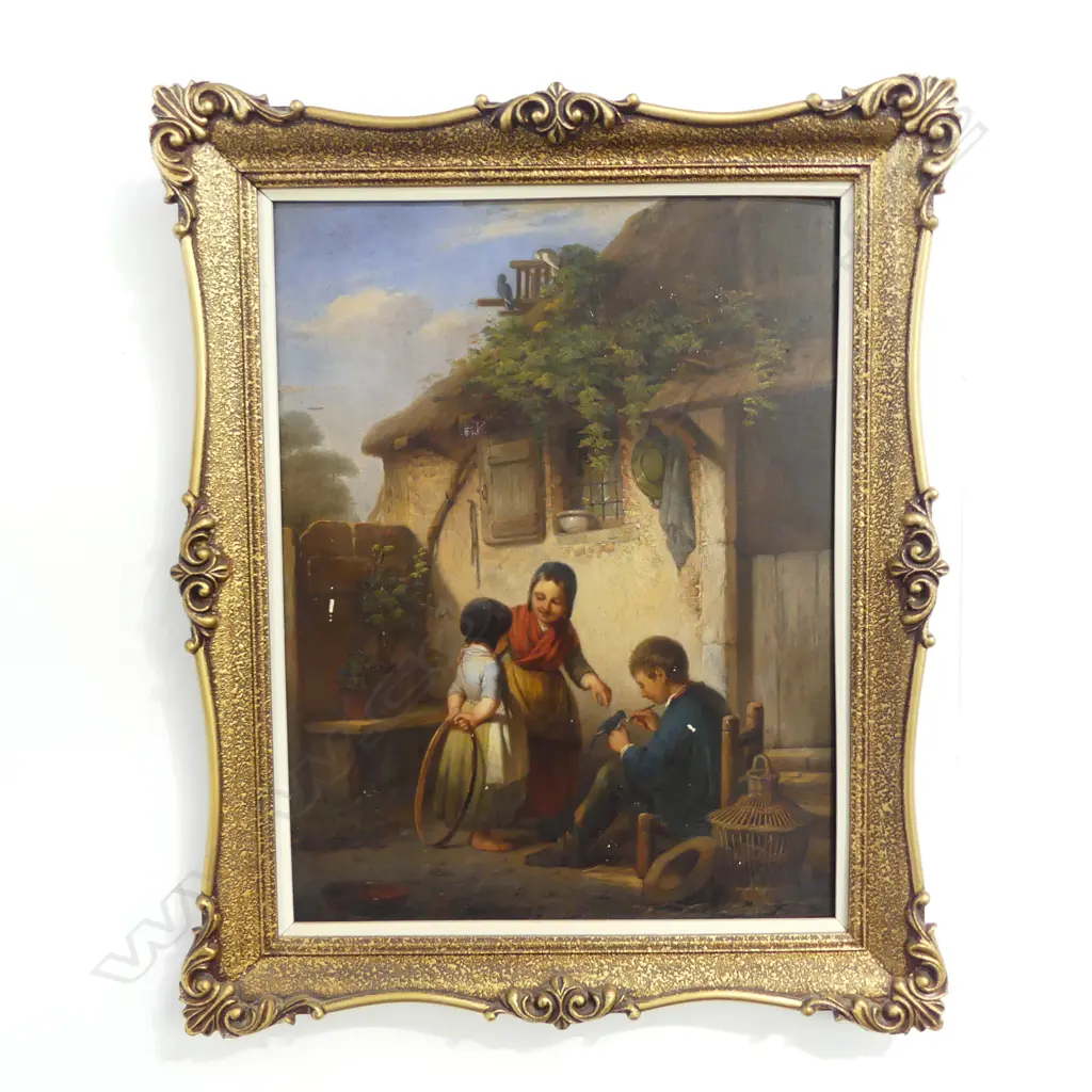 JULES BOULANGER (FRENCH 19thC), 3 CHILDREN IN COURTYARD, OIL ON BOARD 430x330mm Image 1++
