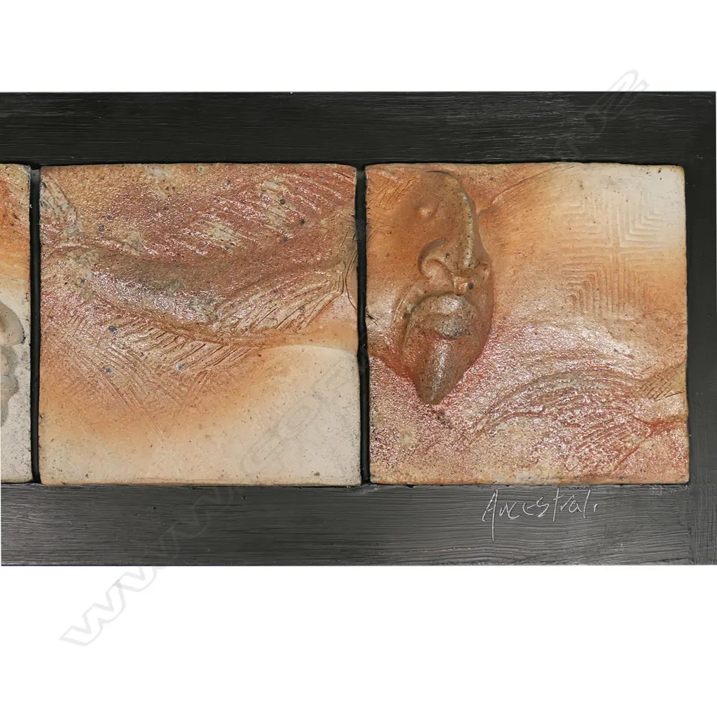 Mike O'Donnell, 'Ancestral', 'Working for the Fish People', four sculpted and glazed tiles on painted back board, signed and entitled. 300 x 1200mm. Image 1++