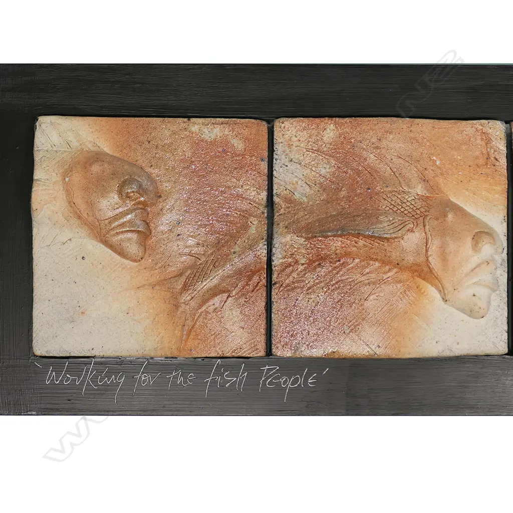 Mike O'Donnell, 'Ancestral', 'Working for the Fish People', four sculpted and glazed tiles on painted back board, signed and entitled. 300 x 1200mm. Image 1++