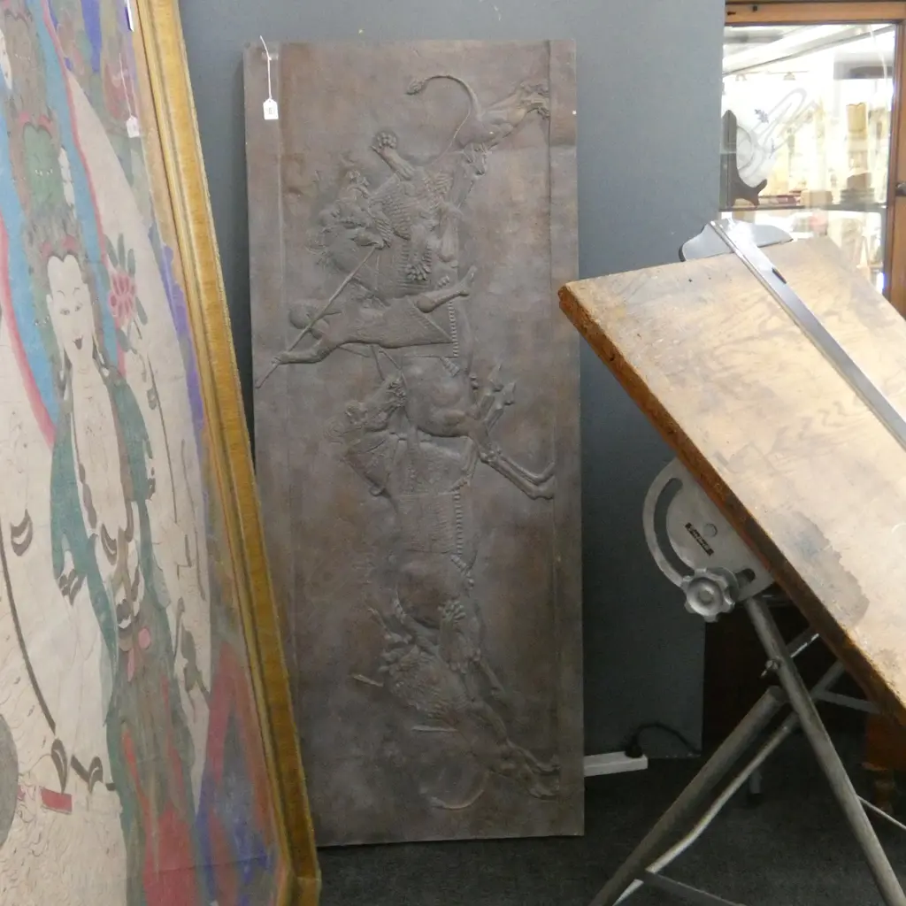 VINTAGE FIBREGLASS RELIEF PANEL 'Relief of King Ashurbanipal of Assyria hunting a Mesopotamian lion'. 1500 x 610mm Image 1++