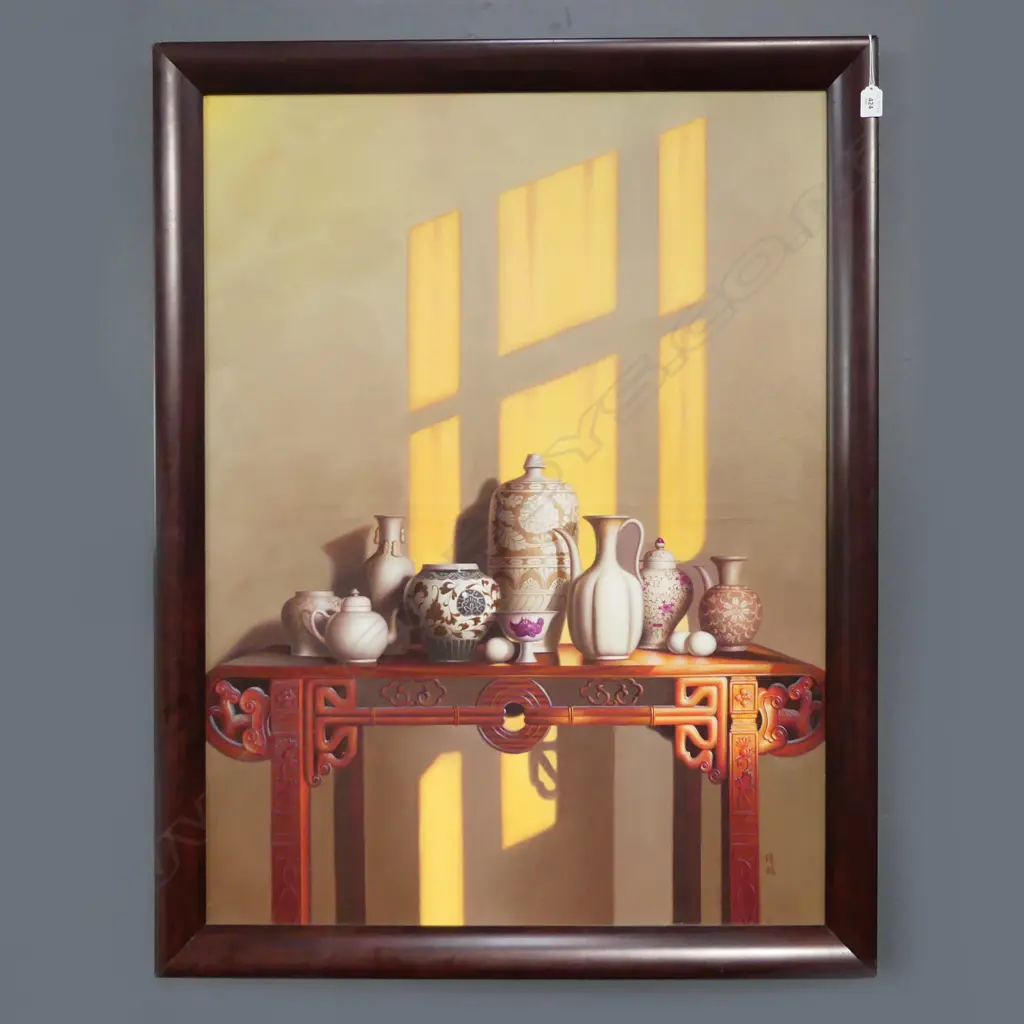 LG SIGNED CHINESE STILL LIFE w. VASES, ACRYLIC ON CANVAS 985x735mm Image 1++