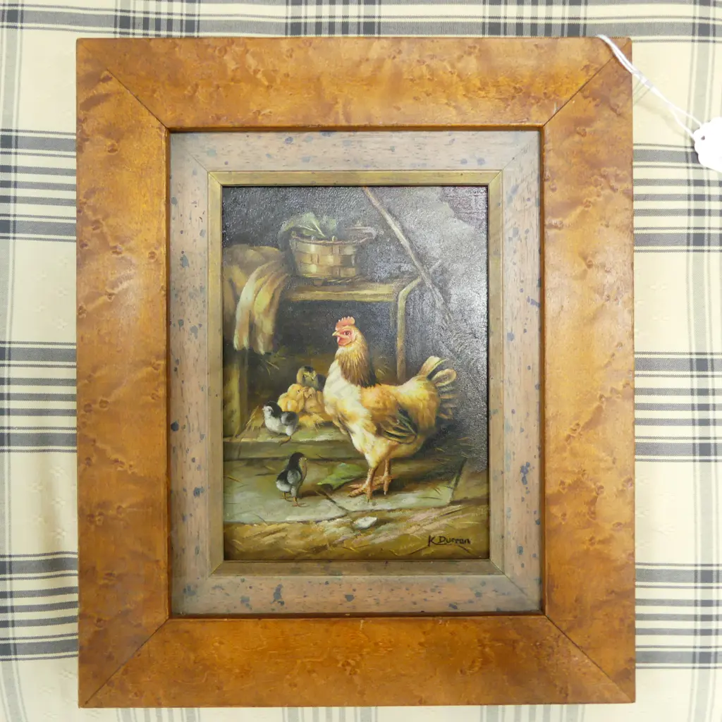 K. DURRAN, HEN & CHICKS IN BARN, ACRYLIC ON BOARD, 170x120mm Image 1++