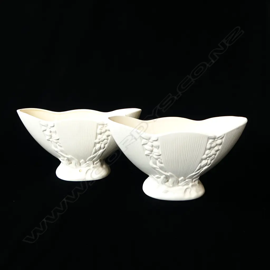 2 CROWN LYNN MANTLE VASES #.553.; WHITE & CREAM W.300 x 160Mmm (white sm drilled hole to foot) Image 1++