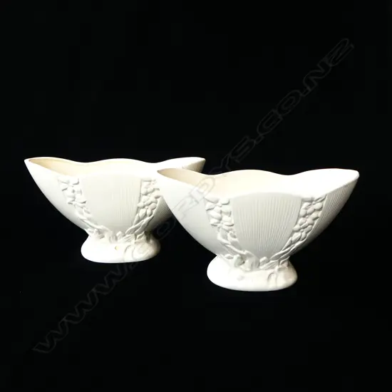 2 CROWN LYNN MANTLE VASES #.553.; WHITE & CREAM W.300 x 160Mmm (white sm drilled hole to foot)