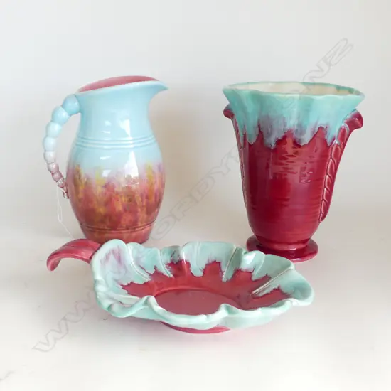 3 PCES ART POTTERY, BLUE / RED GLAZE; BRETBY DISH L.270mm, CROWN DUCAL JUG, UNMARKED VASE H.220mm