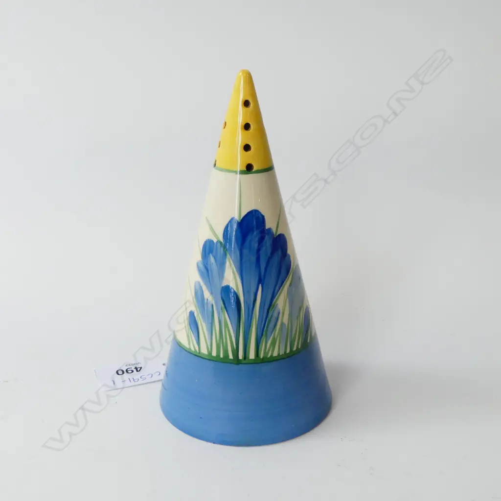 CLARICE CLIFF BIZARRE CONICAL SUGAR SHAKER, BLUE CROCUS DESIGN Image 1++