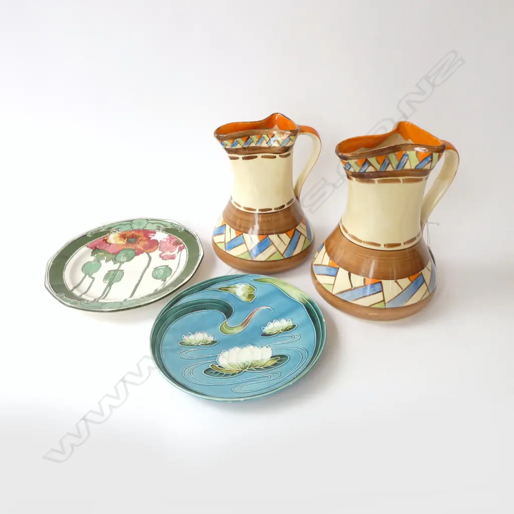 2 DECO HAND PAINTED MYOTT JUGS H.200mm + 2 PLATES; R. DOULTON & GERMAN Image 1++