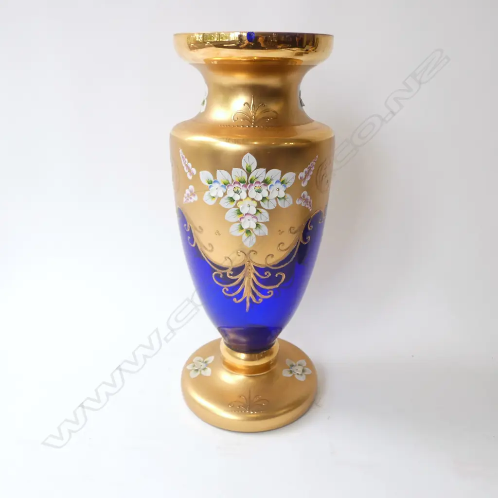 BLUE & GOLD VENETIAN GLASS VASE w. APPLIED FLOWERS H.400mm Image 1++