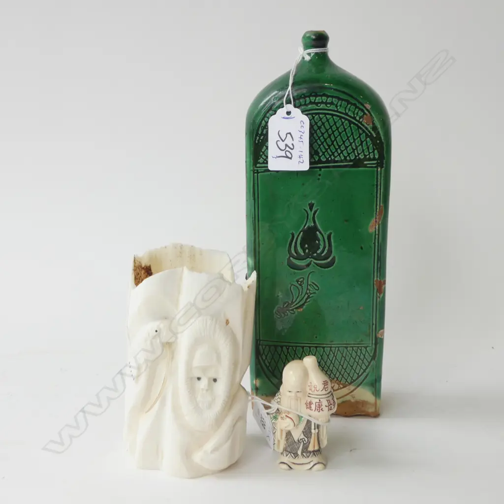 DANISH CERAMIC GREEN FLASK, IVORY INUIT CARVING & JAPANESE NETSUKE Image 1++