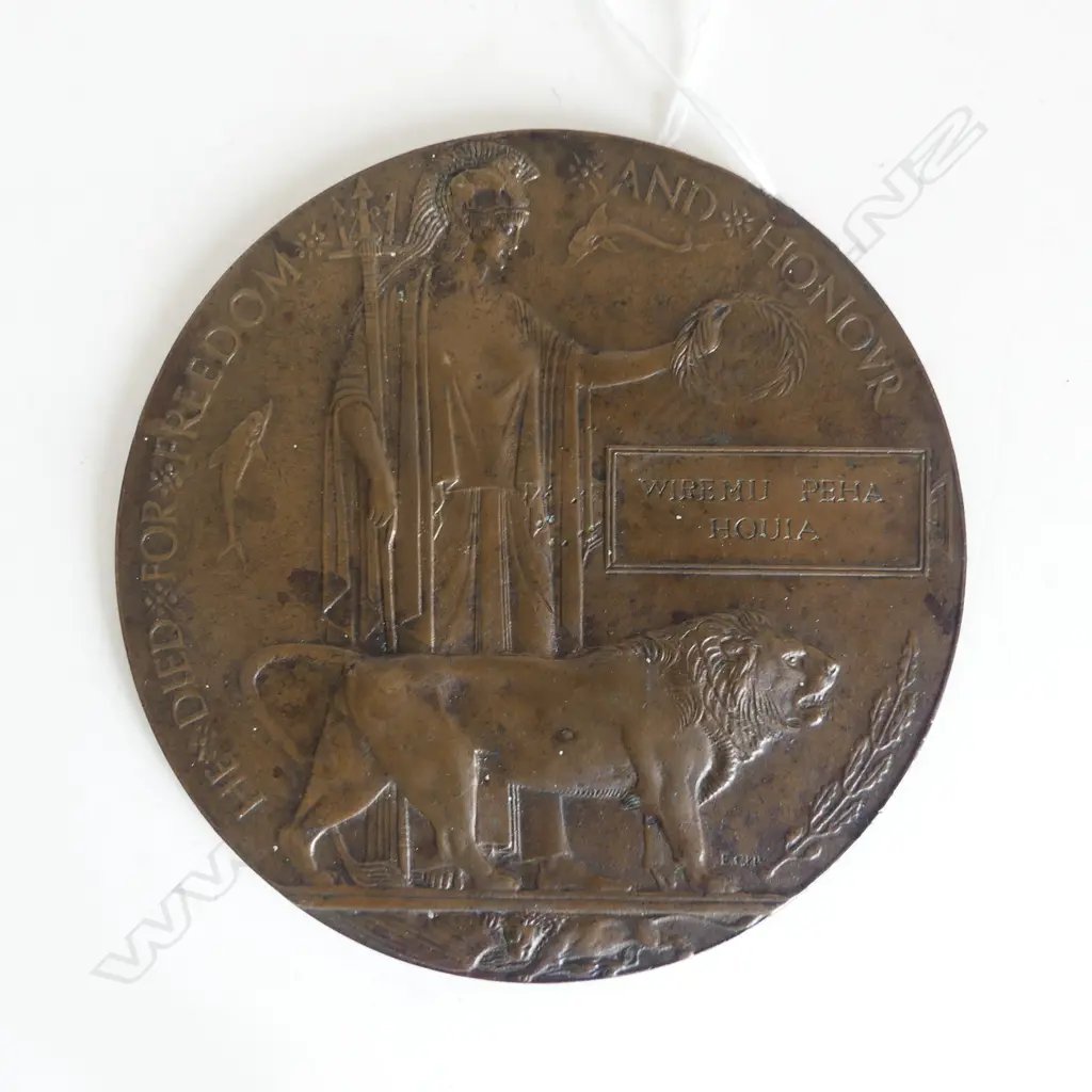 Death Plaque World War 1 for WIREMU PEHA HOUIA New Zealand Dia.120mm.  Image 1++