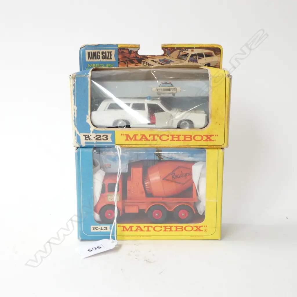2 VINTAGE MATCHBOX; CONCRETE TRUCK & POLICE CAR, BOXED Image 1++