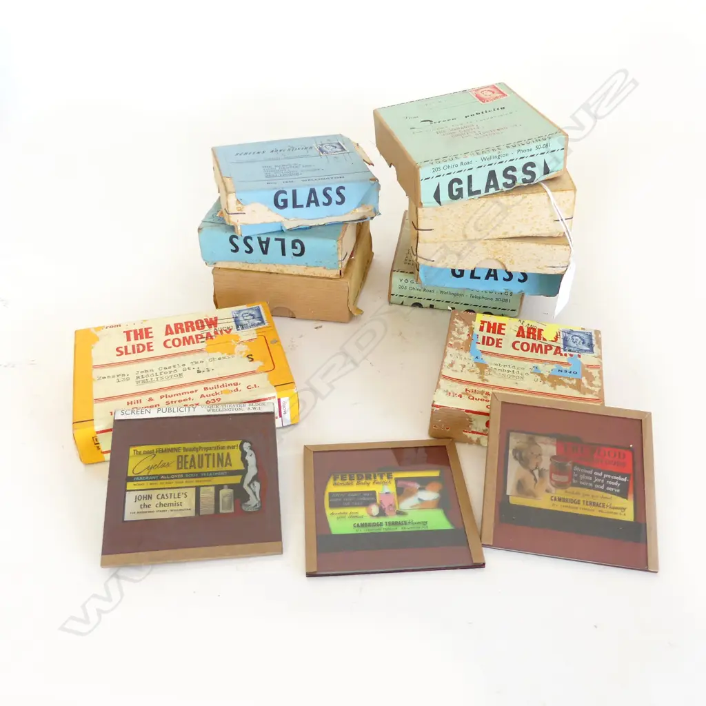 1950's 1960's ADVERTISING GLASS coloured SLIDES for screen advertising. Castle's Chemist Wellington. Revlon etc.9 boxes Image 1++