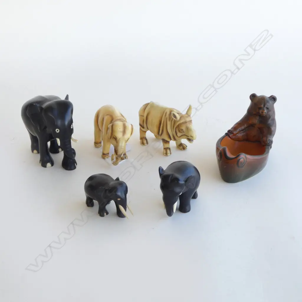 CERAMIC ELEPHANT & RHINO by Ernst Bohne Söhne+ 3 EBONY ELEPHANTS+ DANISH POTTERY BEAR PIN DISH Image 1++