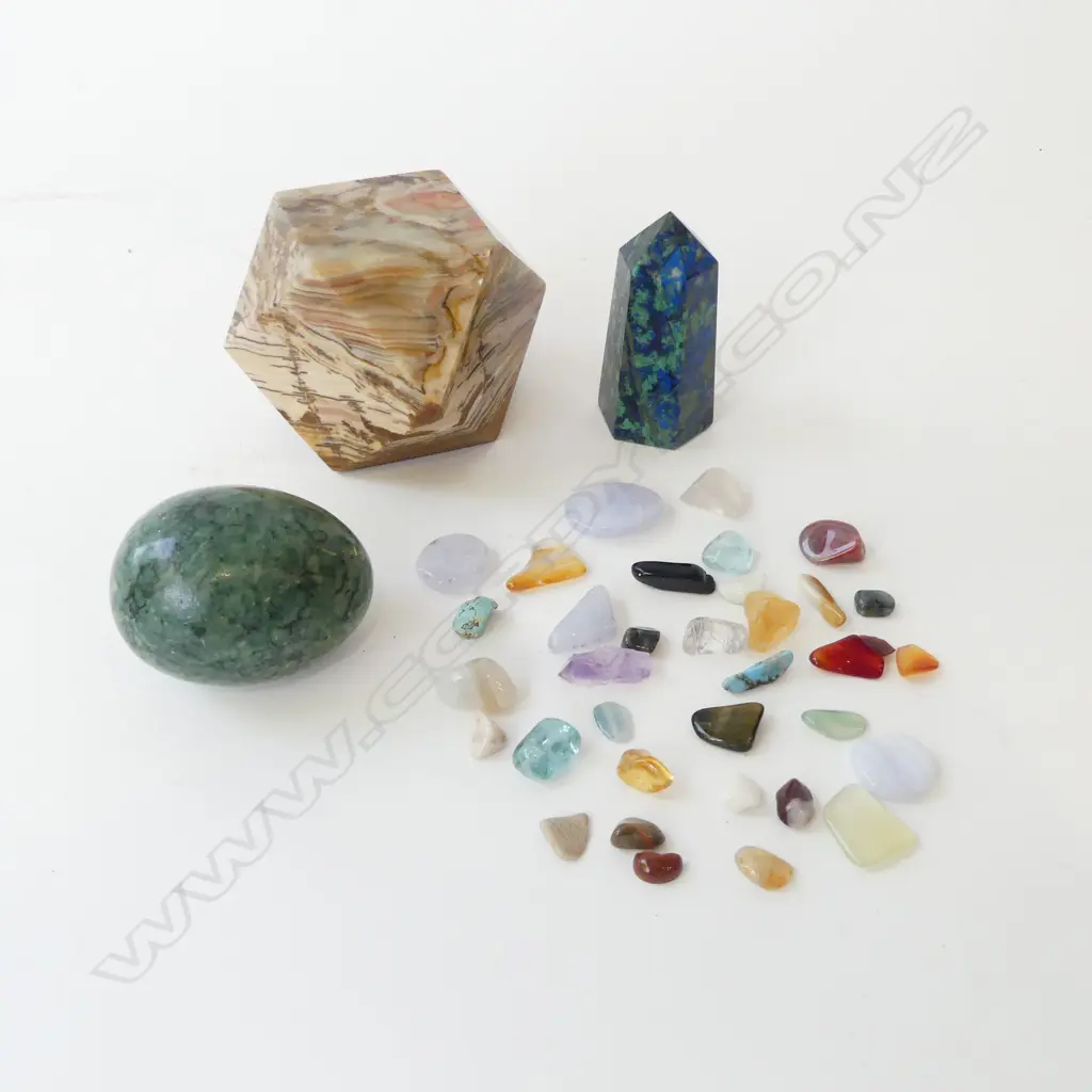 AGATE PAPERWEIGHT w. LAPIS OBELISK, SOAPSTONE EGG AND SMALL BAG OF STONES. Image 1++