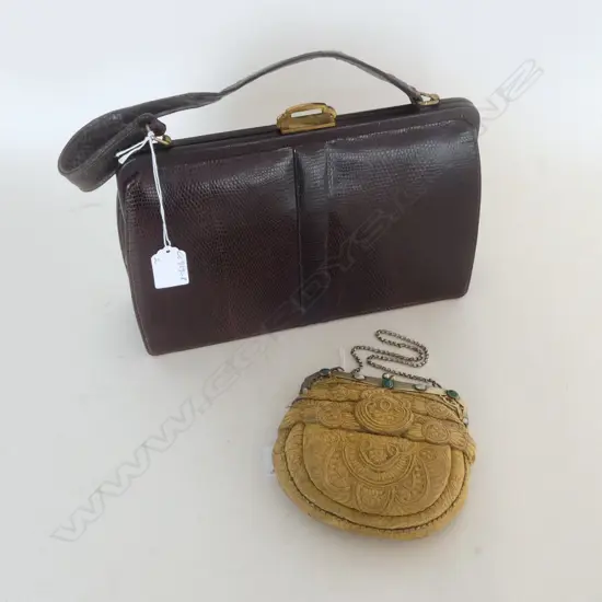 TWO VINTAGE BAGS; SNAKESKIN & GILT THREAD w CABACHON GEMSTONES