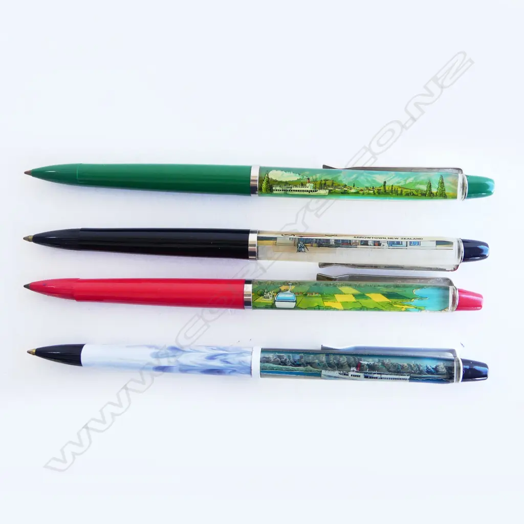 4 RETRO PENS w MOVING NZ SCENES QUEENSTOWN RELATED TOURIST ATTRACTIONS, MADE IN DENMARK Image 1++