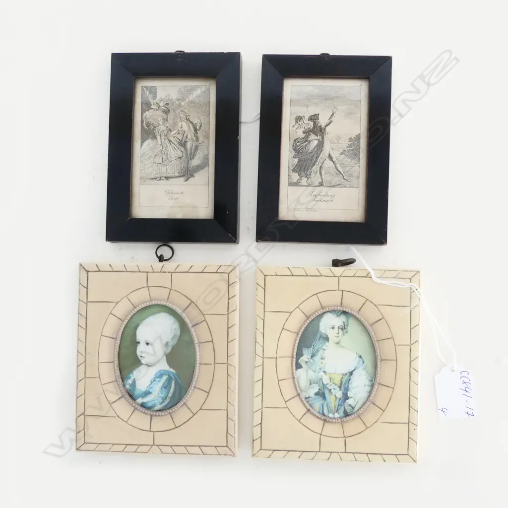 TWO FAUX IVORY MINIATURES, 125 x 105mm plus TWO GENUINE OLD PRINTS 'GOUT' & 'SENTIMENT' 125 x 87mm Image 1++