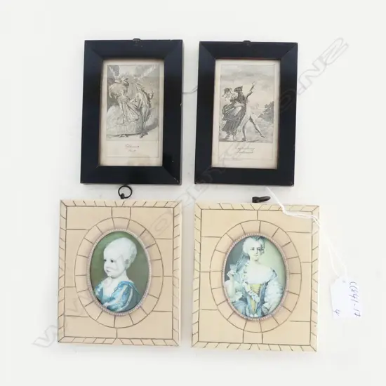 TWO FAUX IVORY MINIATURES, 125 x 105mm plus TWO GENUINE OLD PRINTS 'GOUT' & 'SENTIMENT' 125 x 87mm