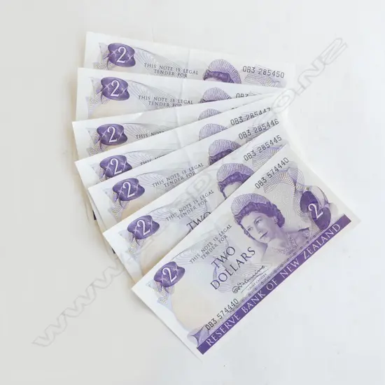 7 NZ TWO DOLLAR BANK NOTES (FLEMING) 6 CONSECUTIVE OB3574445 - 50