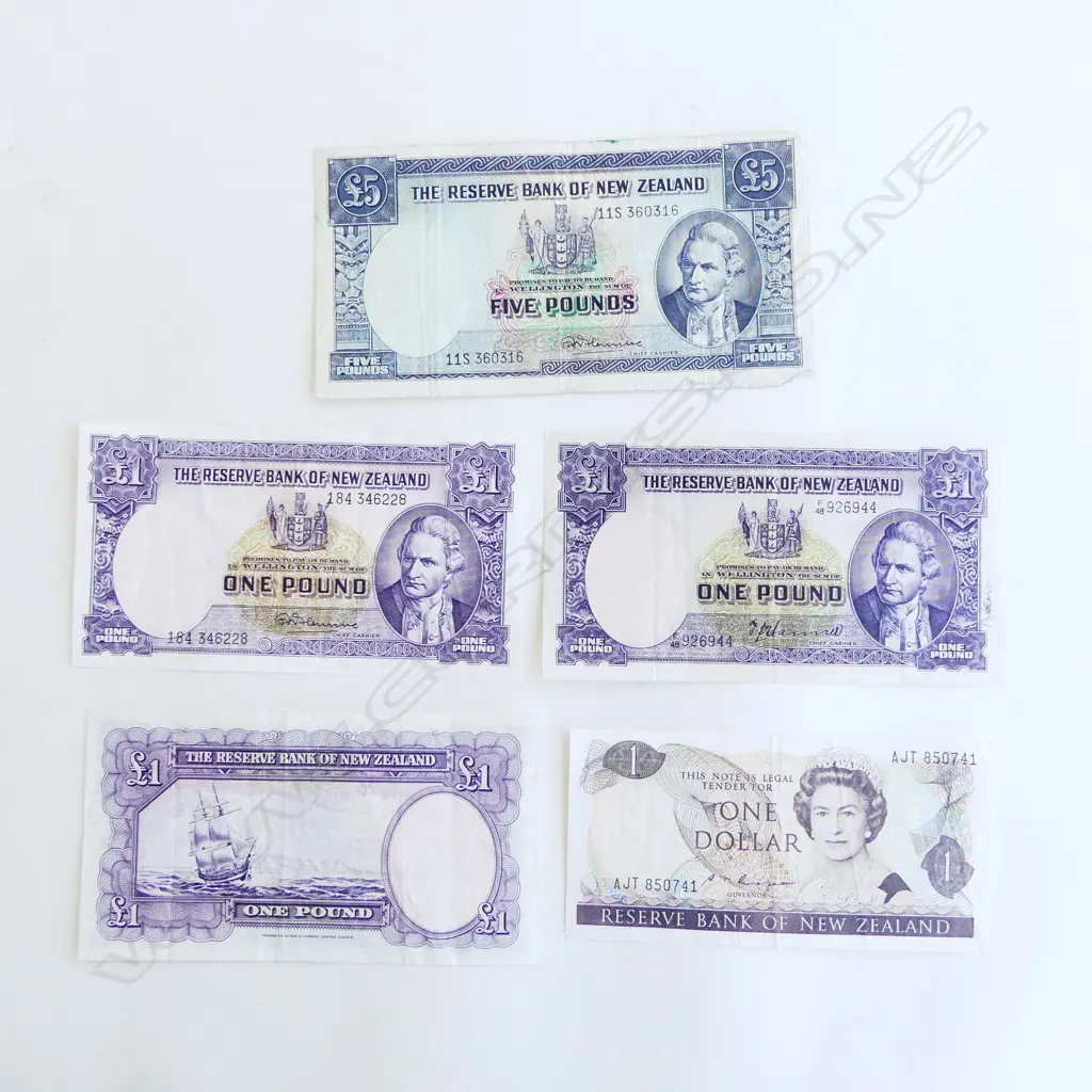 5 NZ PRE-DECIMAL BANK NOTES; 3 FLEMING Image 1++