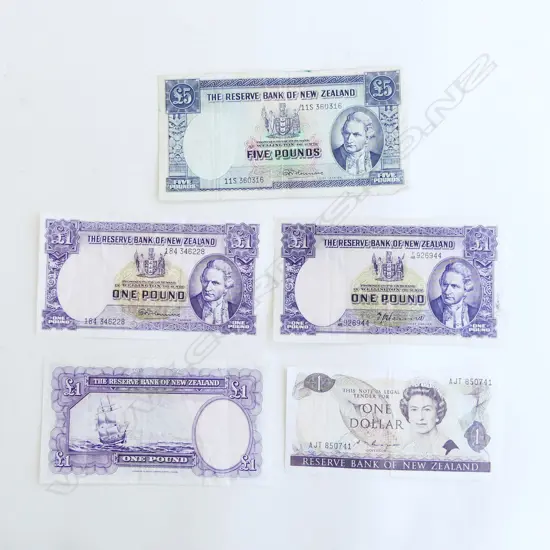 5 NZ PRE-DECIMAL BANK NOTES; 3 FLEMING
