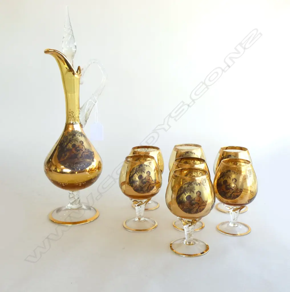 AMBER VENETIAN DECANTER H.400mm & 7 GLASSES Image 1++