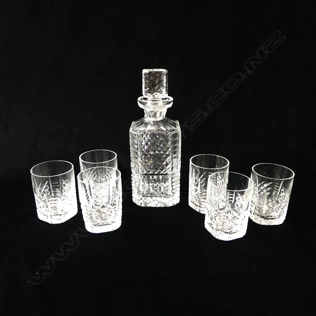 WATERFORD CRYSTAL DECANTER & 6 TUMBLER SET fine diamond notch & fluted design etched maker's marks  Image 1++
