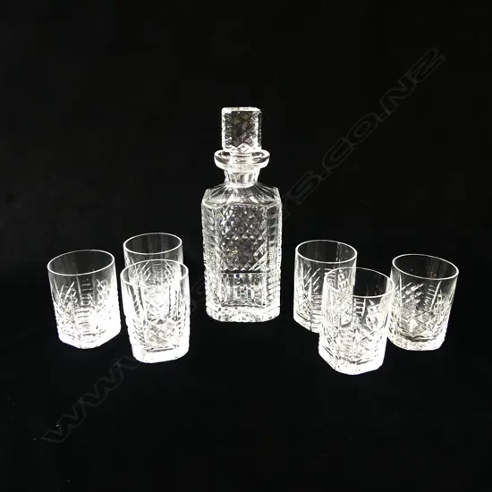 WATERFORD CRYSTAL DECANTER & 6 TUMBLER SET fine diamond notch & fluted design etched maker's marks 