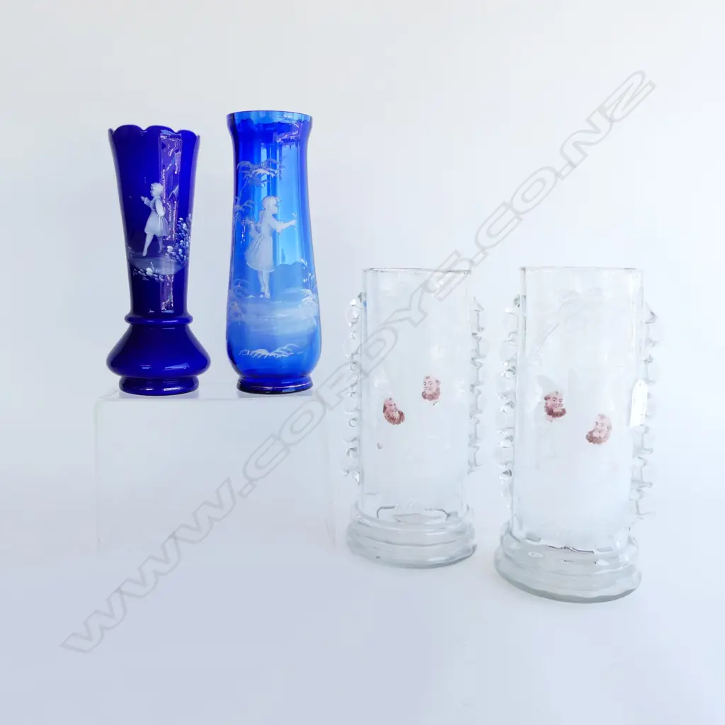 4 EARLY 20thC GLASS VASES; 2 BLUE MARY GREGORY TYPE, WHITE PR H.250mm chips Image 1++