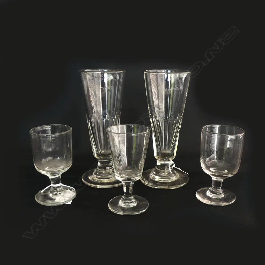 5 19thC DRINKING GLASSES: 2 BEER + 3 SMALLER Image 1++