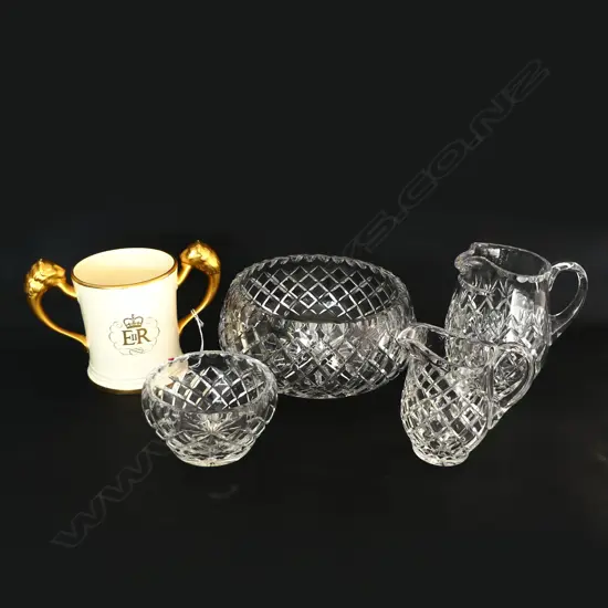 CROWN LYNN ERII 1953 CORONATION CUP H.130mm + 2 CRYSTAL JUGS & BOWLS 200mm dia chips
