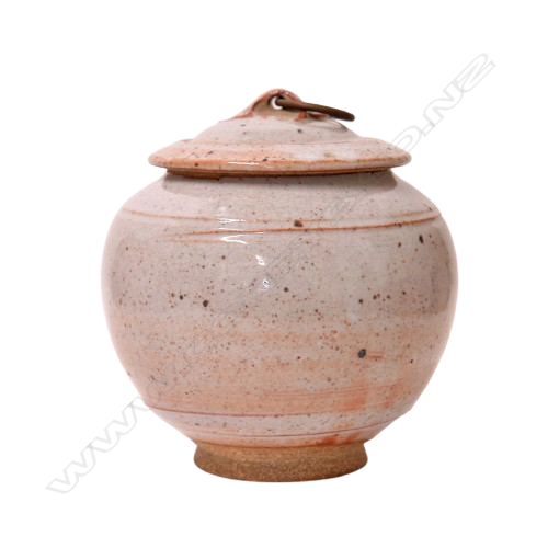 Campbell Hegan lidded shino glazed jar lid with brass ring captured to the lug. Potter's name to base H.145mm Image 1++