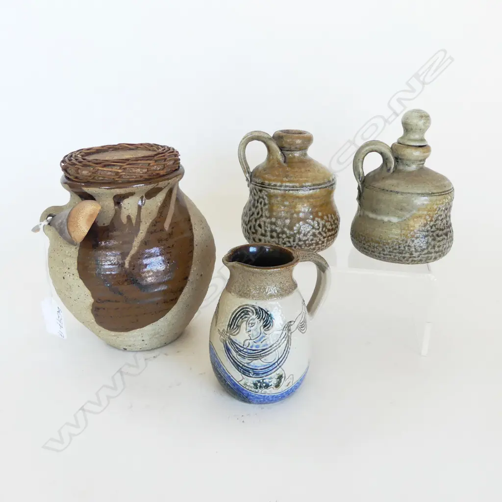 4 NZ STUDIO POTTERY PCES;  STORAGE JAR  H.160mm + 2 OIL BOTTLES + JUG w incised Māori myth small chip Image 1++