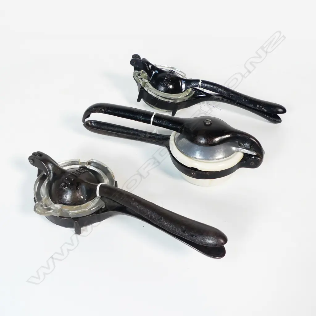 2170/1290/2972 3 CAST IRON GLASS & CHINA VINTAGE LEMON SQUEEZERS L240MM Image 1++