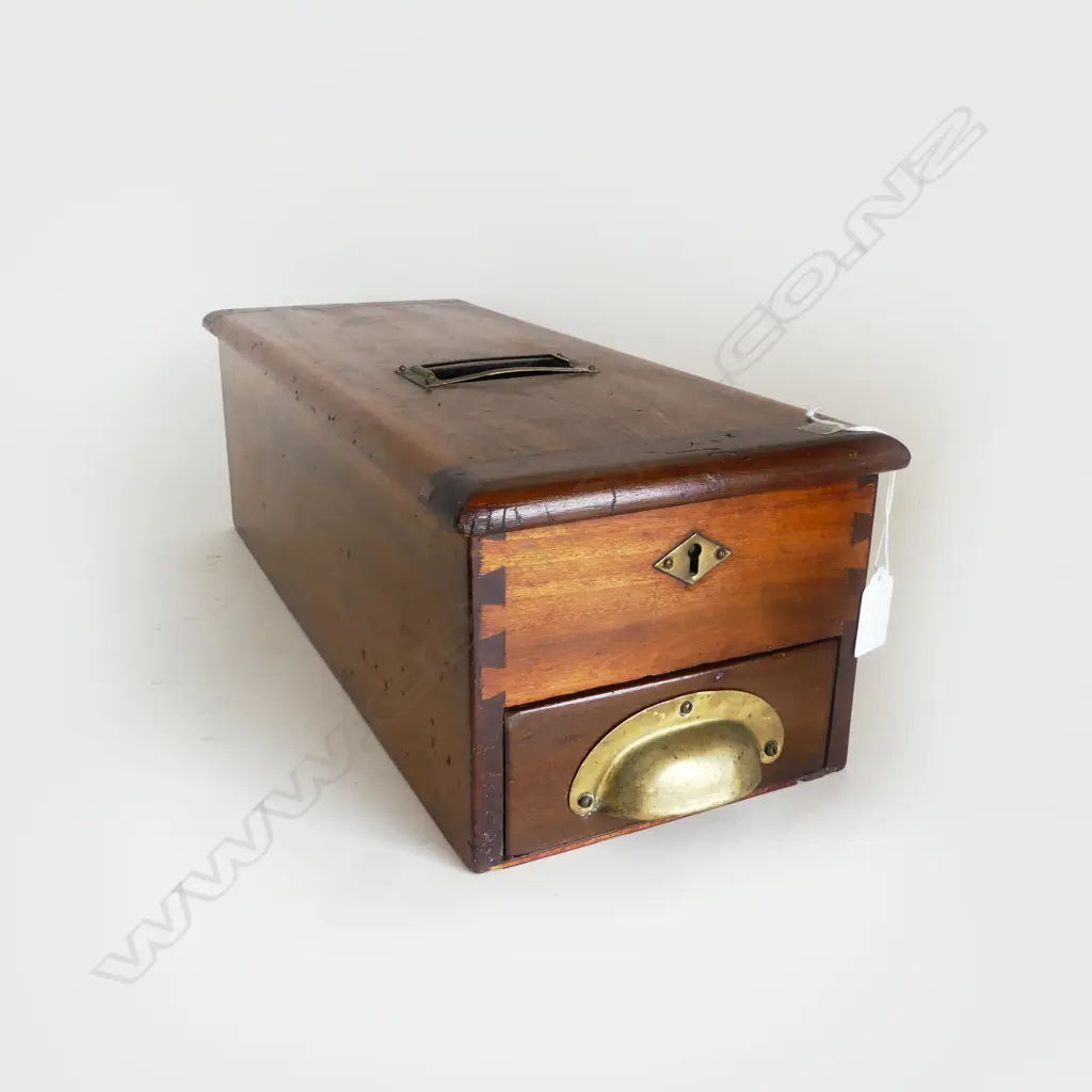 VINTAGE MAHOGANY & BRASS CASH BOX WITH BELL L450MM Image 1++