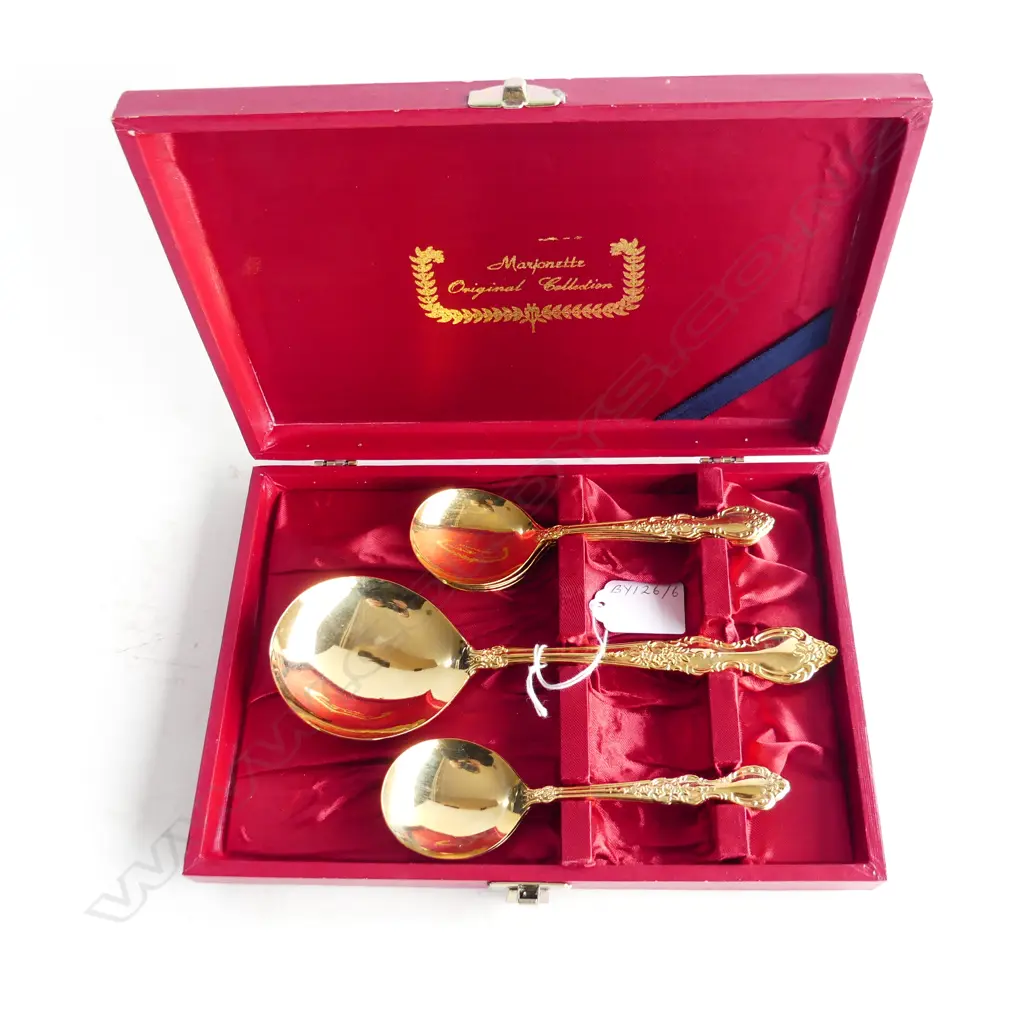 GOLD PLATED SET OF 6 DESSERT SPOONS AND SERVING SPOON IN BOX Image 1++