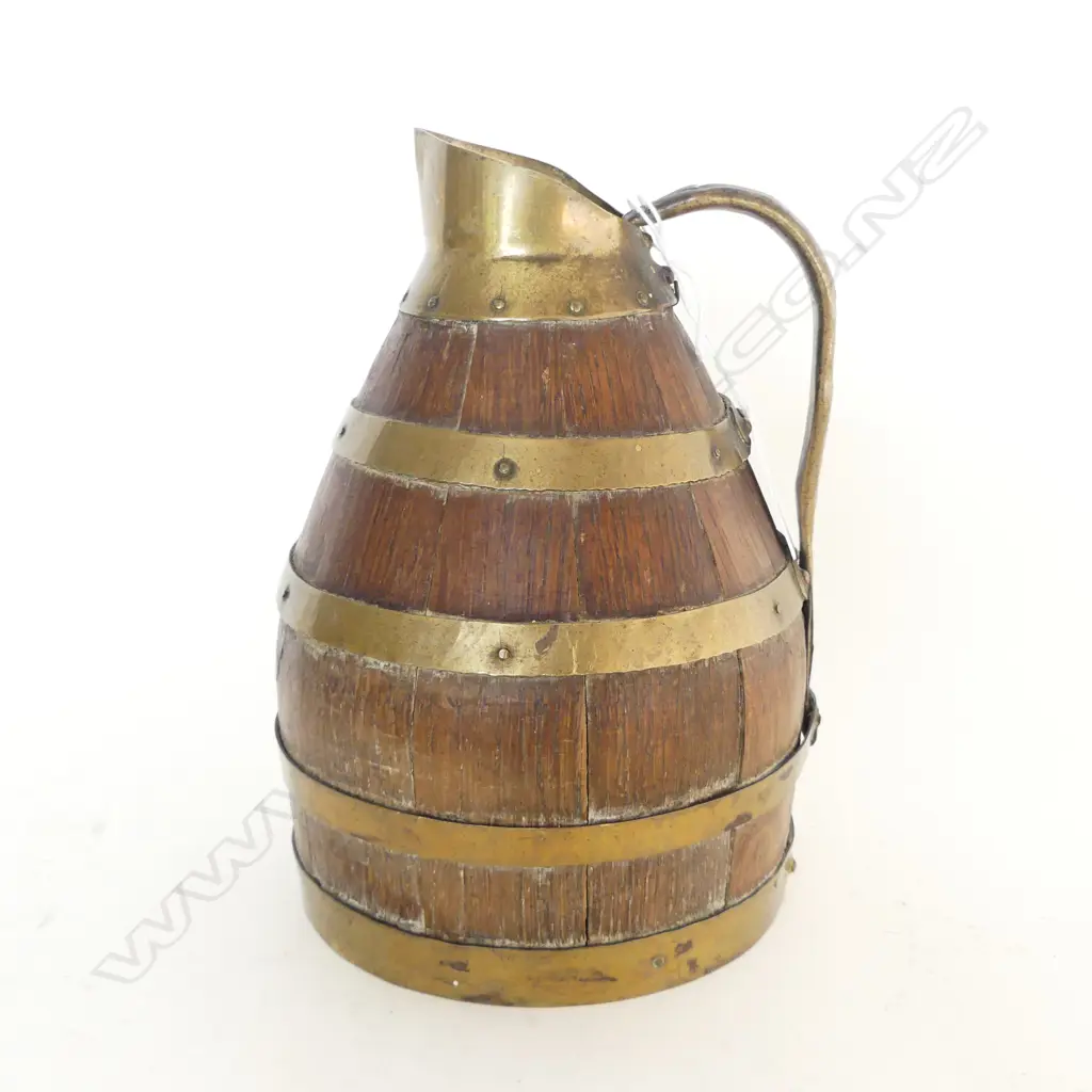 c1900 FRENCH COOPERED OAK AND BRASS CIDAR or MEAD JUG H.180mm Image 1++