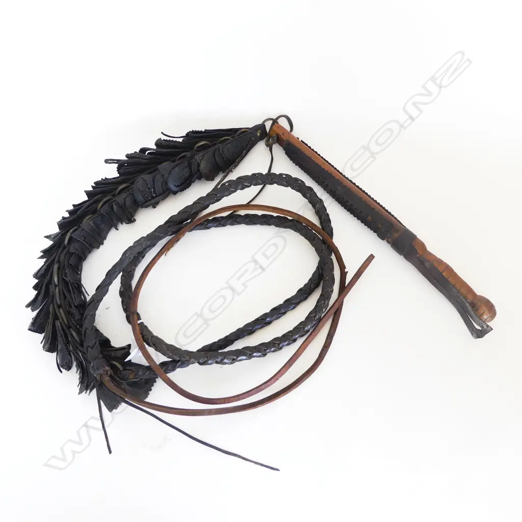 DANISH 19thC BULLWHIP, w WOODEN HANDLE, RING & FLAP SECTION & RAWHIDE PLAIT. APPROX 4m INCL TAIL  Image 1++