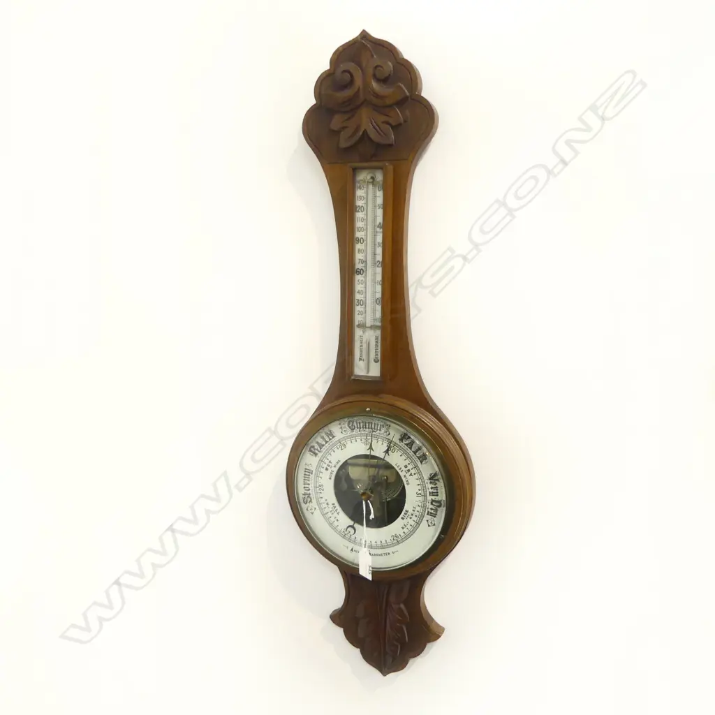 CLASSIC3-FOOTED OAK ANEROID BAROMETER WITH THERMOMETER . CRACKED GLASS REPAIR REQUIRED. 800mm Image 1++