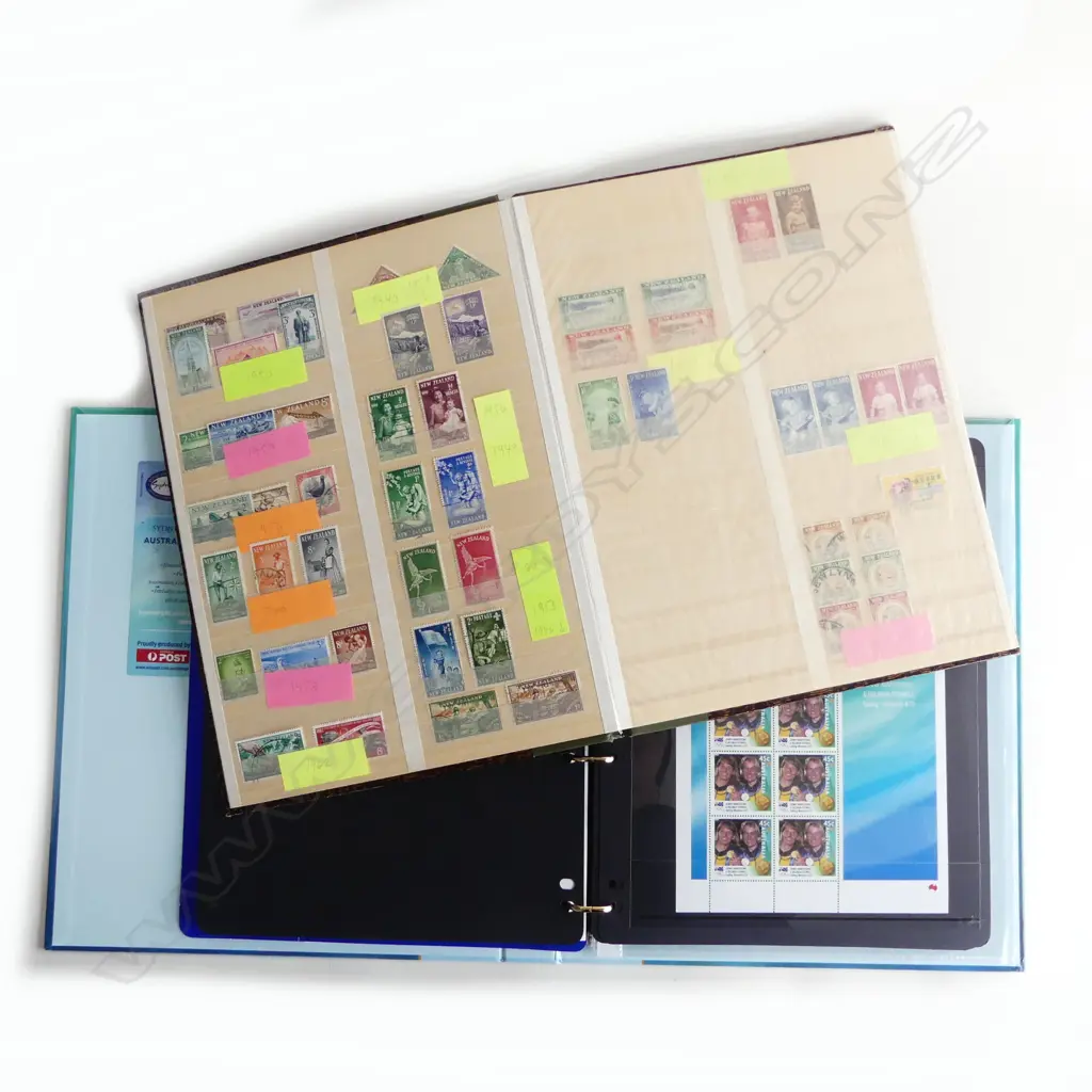 2 STAMP ALBUMS: NZ small COLLECTION includes 1898 to decimal + SYDNEY 2000 OLYMPIC GAMES AUSTRALIAN GOLD MEDALISTS ALBUM Image 1++