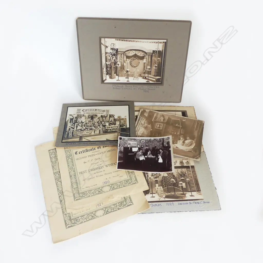 PHOTOGRAPHS & CERTIFICATES, WINDOW DRESSING AT MCGRUER BONE & Co. HAWERA Image 1++