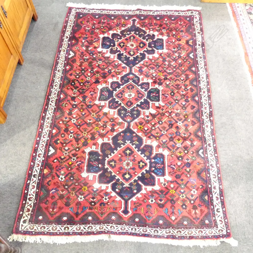 PERSIAN SHIRAZ ALL WOOL RUG 2050 x 1300mm with 3 dominant geometric linked medallions Image 1++