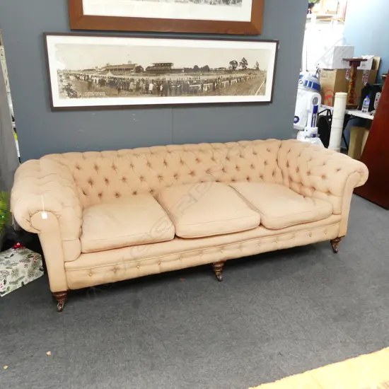VICTORIAN BUTTON BACK UPHOLSTERED 3 SEATER CHESTERFIELD SOFA, upholstery faults 2350x1000x750mm