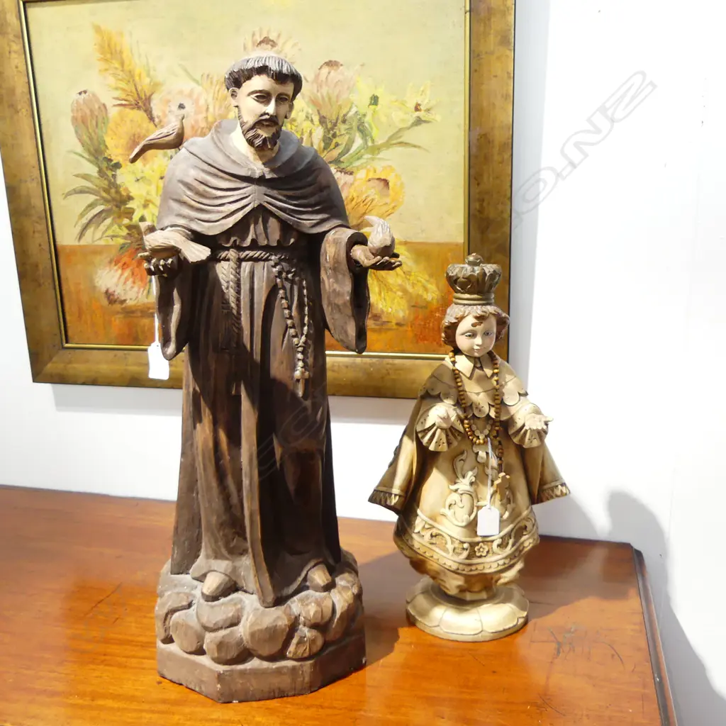 2 WOODEN CHRISTIAN FIGURES (SOME FAULTS); 1 w. ROASRY BEADS, LARGEST H.650mm Image 1++