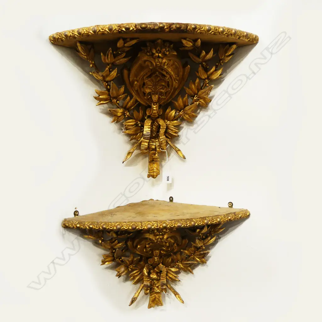 PR OLD LOUIS XV GILT WOOD & PLASTER SCONCES; Carved shield with laurel sprigs branching from ribbon bow, H.310mm, faults Image 1++