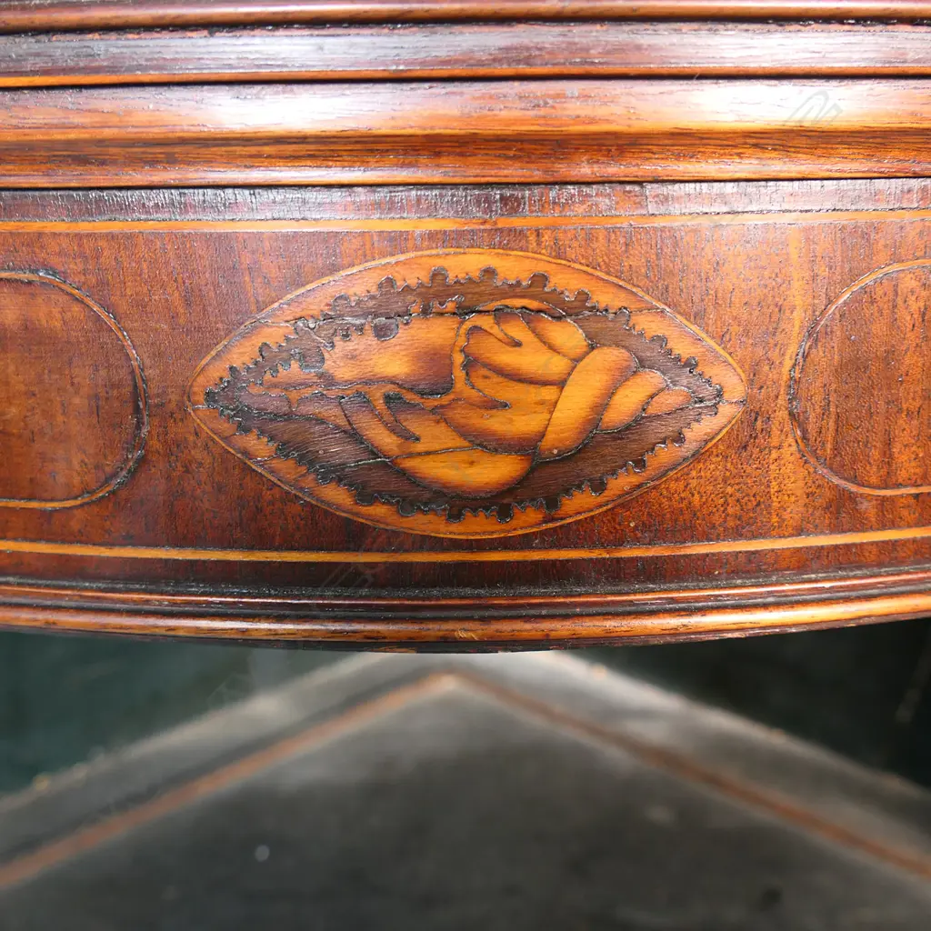 A Georgian mahogany Sheraton style corner cabinet, inlaid stringing, the pediment with shell detail, three shelves to the painted interior. 800 x 460 x 1100mm. Image 1++