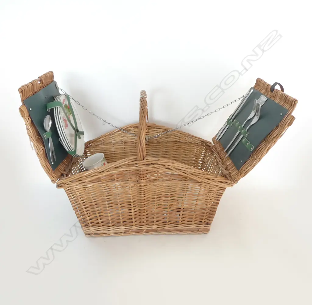 ENGLISH 'ANTLER' BRAND WICKER CANE PICNIC BASKET fitted with china set + thermos etc nearly complete Image 1++