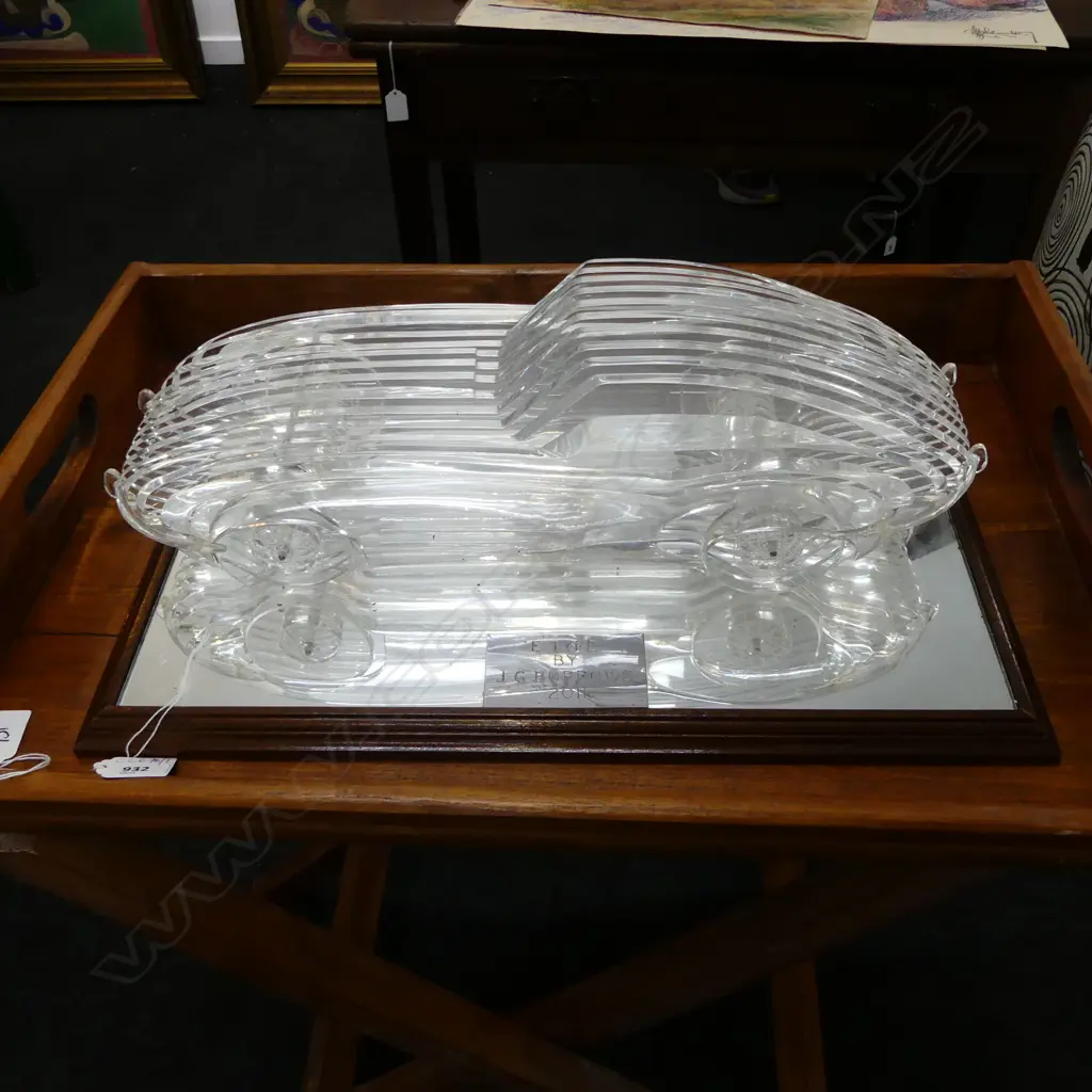 John Borrows made CLEAR LAMINATED PERPEX HAND MADE MODEL JAGUAR E TYPE ON MIRRORED BASE 485x335x150mm with provenance.... Image 1++